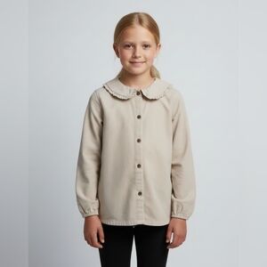 Joe Fresh Kids Shirt L Beige Fine Corduroy Peter Pan Collar Button Down Preppy